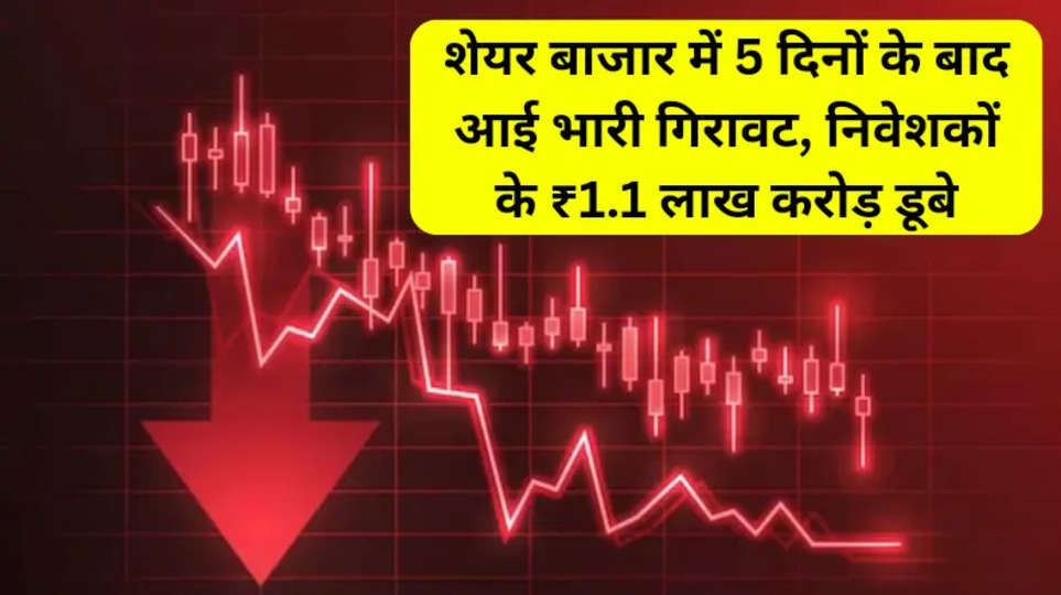 शेयर बाजार में 5 दिनों के बाद आई भारी गिरावट, निवेशकों के ₹1.1 लाख करोड़ डूबे